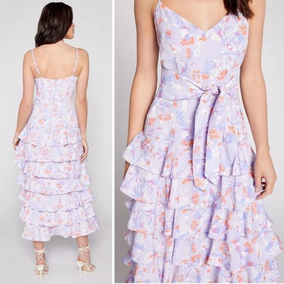 LIKELY NWT $248 Ariella Floral‎ Tiered Ruffle Midi Dress Pastel Purple Women's 8 - Picture 1 of 5